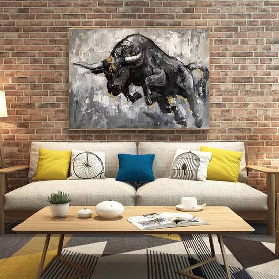 Bull Original Black Painting Modern Abstract Canvas Wall Art MJSC4